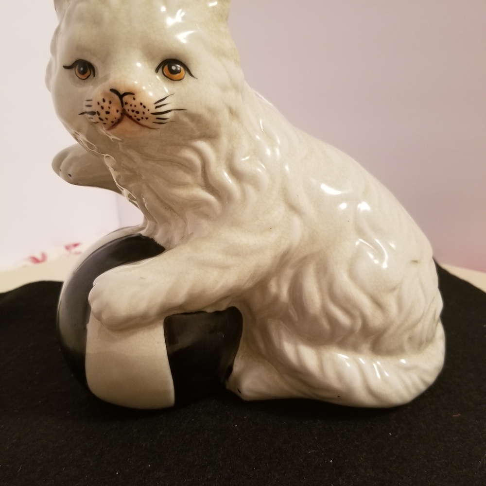 Ceramic Cat Figurine with Ball - White and Black